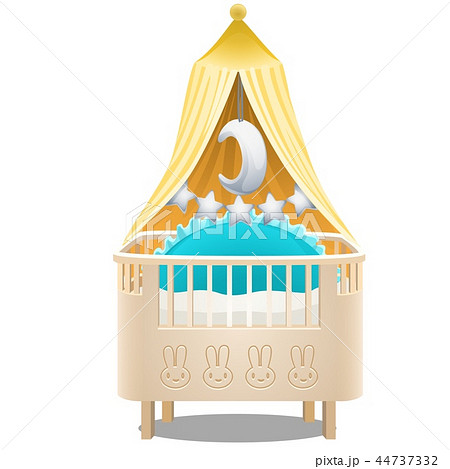 Childrens wooden four-poster bed isolated on white background. Vector cartoon close-up illustration. 44737332