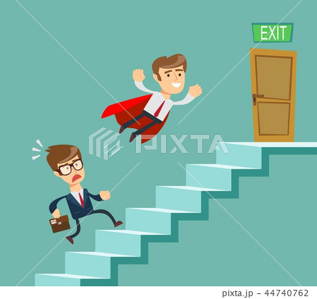 Super businessman in red cape flying pass another businessman climbing stairs. Business competition 44740762