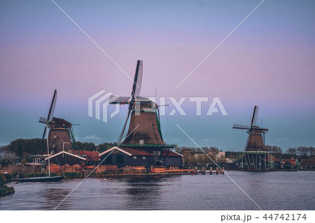 Windmills at Zaanse Schans in Holland in twilight after sunset. 44742174