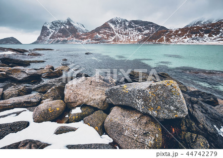 Rocky coast of fjord in Norway 44742279