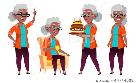 Old Woman Poses Set Vector. Black. Afro American. Elderly People. Senior Person. Aged. Caucasian 44744009