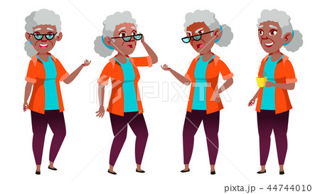Old Woman Poses Set Vector. Black. Afro American. Elderly People. Senior Person. Aged. Friendly 44744010