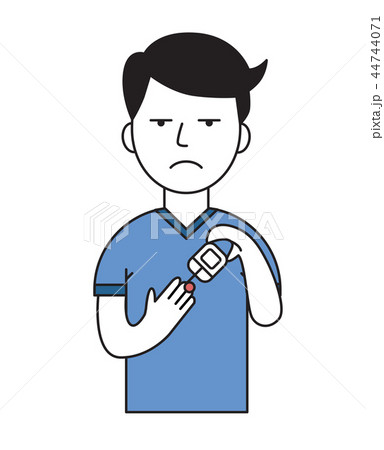 Young man measures sugar level with glucometer. The symptoms of diabetes. Flat vector illustration 44744071