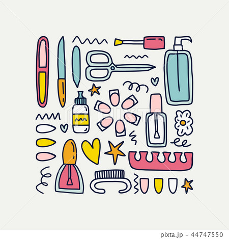 Cute doodle illustration with cosmetics symbols isolated on white background. 44747550