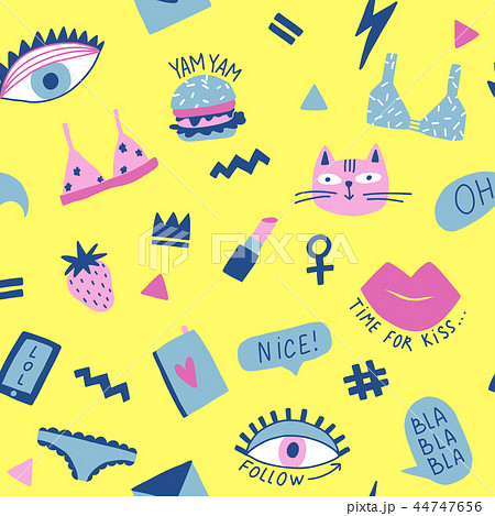Seamless pattern with hand phrases and symbols for teenage girls. 44747656