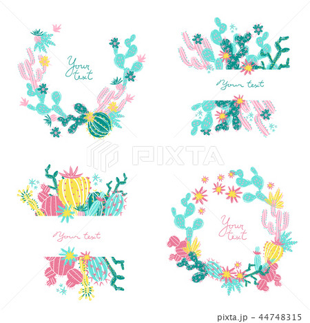 Collection of wreaths and frames with hand drawn cactus. Bright  44748315