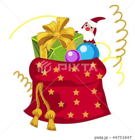 A red pouch of Santa Claus filled with Christmas gifts isolated on white background. Vector cartoon 44751647