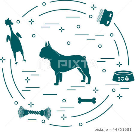 Silhouette of french bulldog, bowl, bone, brush, 44751681