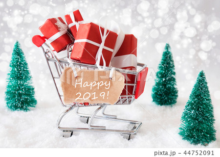 Trolly With Christmas Gifts And Snow, Happy 2019 44752091