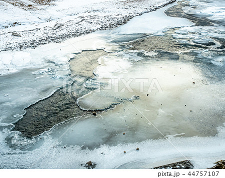 Slippery ice at Kirkjufellfoss in winter, Iceland 44757107