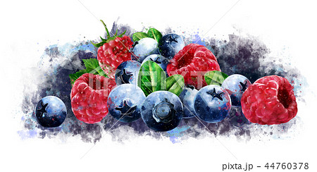 Raspberries, cranberries and blueberries on white background. Watercolor illustration 44760378