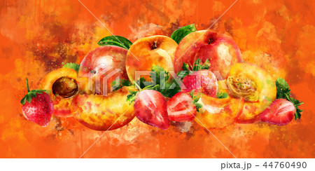 Apricot, peach and strawberry on orange background. Watercolor illustration Apricot, peach and strawberry on orange background. Watercolor illustration 44760490