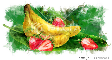 Banana and strawberry on green background. Watercolor illustration Banana and strawberry on green background. Watercolor illustration 44760981