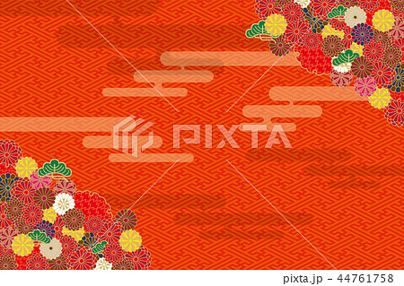 着物のイメージの正月用背景 和柄 赤 年賀状素材 工字繋ぎ文様と菊と雲の柄のイラスト素材