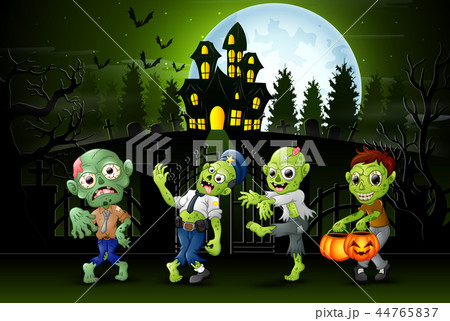 Happy zombie kids outdoors with haunted house back Happy zombie kids outdoors with haunted house back 44765837