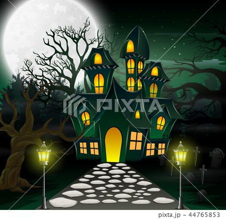 Cartoon of haunted house with full moon background 44765853