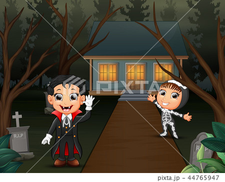 Happy halloween with vampire and skeleton in the h Happy halloween with vampire and skeleton in the h 44765947