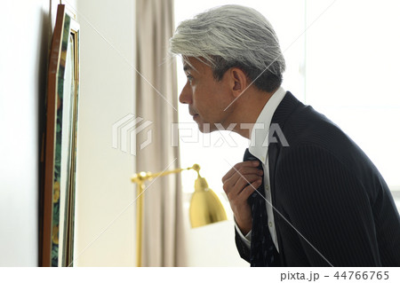 鏡でネクタイを直すビジネスマン 44766765