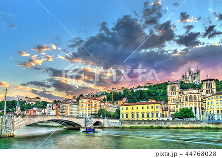 View of the Lyon Cathedral and the Basilica of Notre-Dame de Fourviere. Lyon, France 44768028