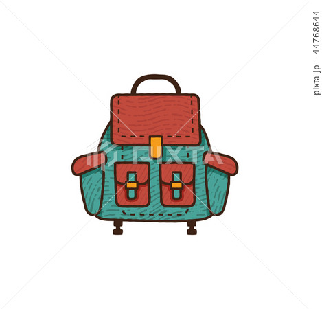 Flat backpack icon. Unique retro camping design. Vintage hand drawn travel equipment badge, patch 44768644