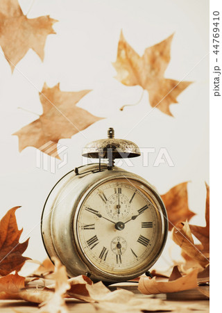 old alarm clock surrounded by dry leaves 44769410
