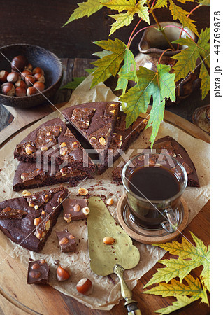 Autumn coffee. Kladdkaka, Swedish chocolate cake Autumn coffee. Kladdkaka, Swedish chocolate cake 44769878