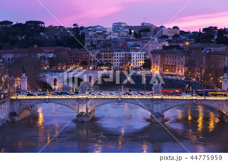 View of Tiber River with bridge at sunset, Rome View of Tiber River with bridge at sunset, Rome 44775959