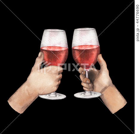 Two watercolor hands holding red wine glasses isolated on black background 44776690