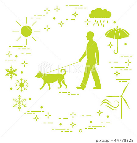 Man walking a dog on a leash in any weather 44778328
