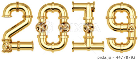 new 2019 year from golden gas pipes. Isolated on white background. 3D illustration new 2019 year from golden gas pipes. Isolated on white background. 3D illustration 44778792