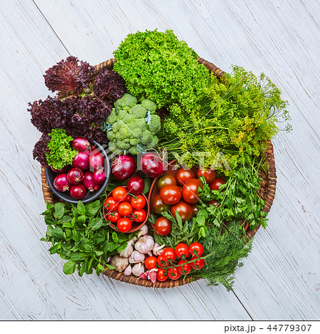 Breakfast for a vegetarian on a wooden table 44779307