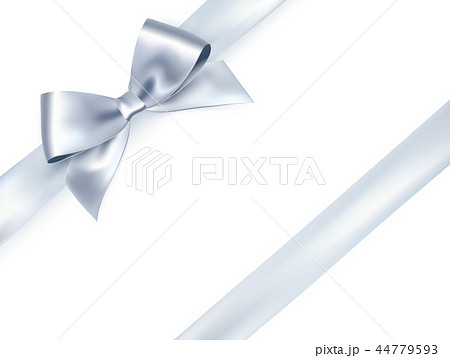 Shiny satin ribbon on white background. Vector silver bow 44779593