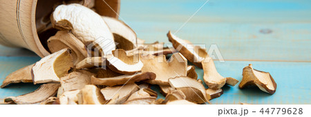 Dried porcini mushrooms on blue wooden background 44779628
