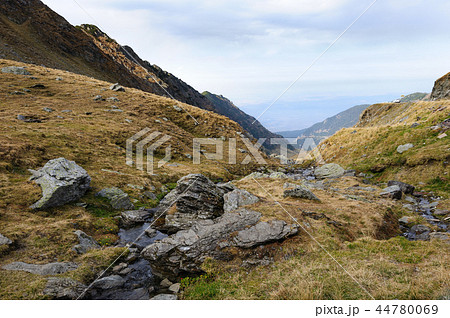 View from Transfagarasan road down to valley, Romania 44780069