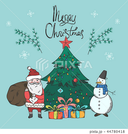 Bright Christmas card with Santa and snowman Bright Christmas card with Santa and snowman 44780418