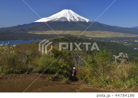 山中湖北部石割山山頂より 【秋】 新雪の富士山とハイカー 山中湖北部石割山山頂より 【秋】 新雪の富士山とハイカー 44784186