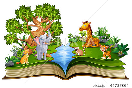 Open book with the animal cartoon playing in the r 44787364