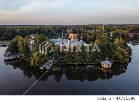 The Holy-Vvedensky nunnery in the Vladimir region. On the island. Aerial view. The Holy-Vvedensky nunnery in the Vladimir region. On the island. Aerial view. 44791596