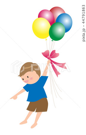 風船で空を飛ぶ少年のイラスト素材 風船で空を飛ぶ少年のイラスト素材