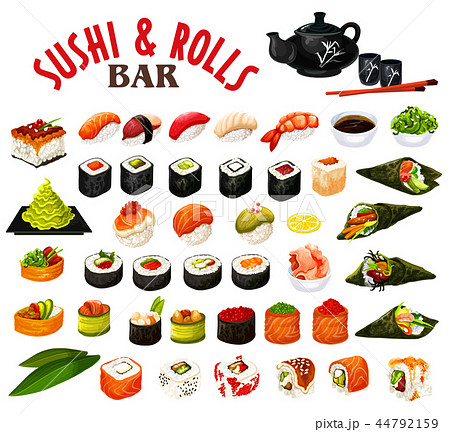 Japanese sushi and rolls icons, vector seafood Japanese sushi and rolls icons, vector seafood 44792159