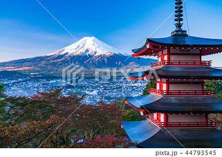(山梨県)桜紅葉した新倉山浅間公園、忠霊塔と新雪富士 (山梨県)桜紅葉した新倉山浅間公園、忠霊塔と新雪富士 44793545