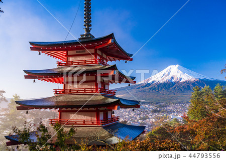 （山梨県）桜紅葉した新倉山浅間公園、忠霊塔と新雪富士 44793556