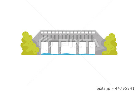 Flat vector icon of big stone bridge, blue water and green bushes. Walkway across the river 44795541