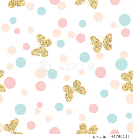 Gold glittering butterflies seamless pattern on pastel colors confetti round dots background. 44796132