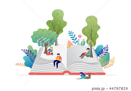 Book festival concept - a group of tiny people reading a huge open book. Vector illustration, poster 44797829