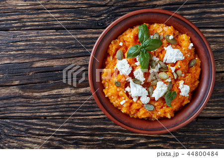 close-up of pumpkin and feta Mash close-up of pumpkin and feta Mash 44800484