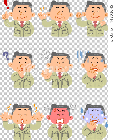 作業着の中年男性 上半身 9種類の表情とポーズのセットのイラスト素材