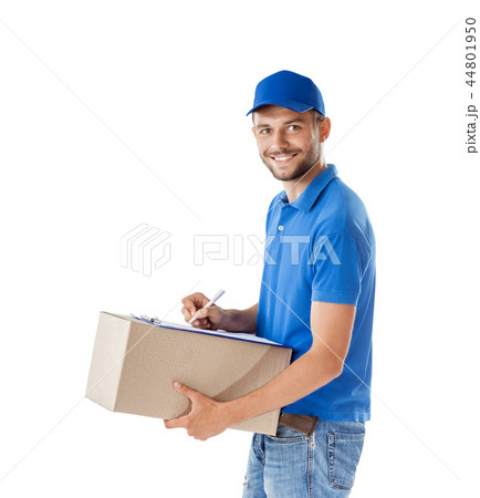 courier fills paper on delivery box 44801950
