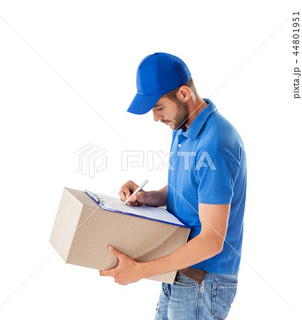courier fills paper on delivery box 44801951