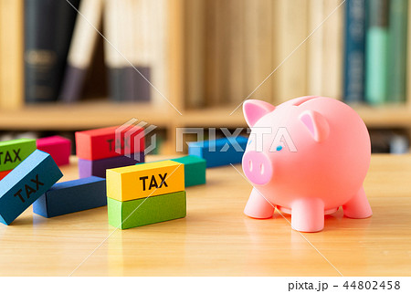 税金　TAX　本棚　税金いろいろ　豚の貯金箱 44802458